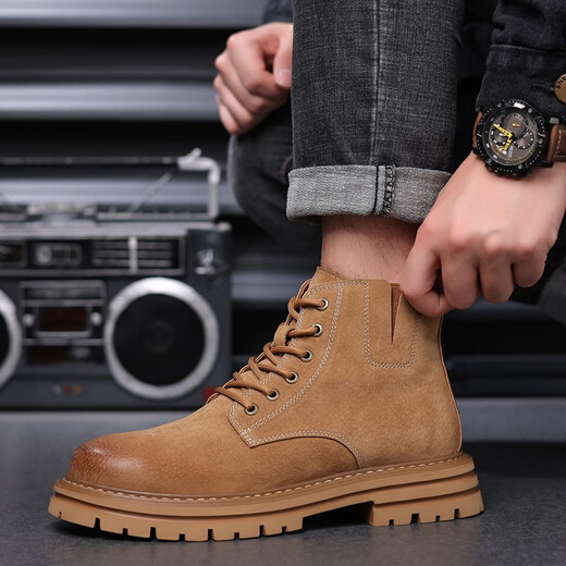 Sanofeng Martin boots men's high-top British style big yellow boots thick-soled men's boots mid-top outdoor retro top-layer workwear shoes yellow [top-layer pig skin] 40 leather shoes size