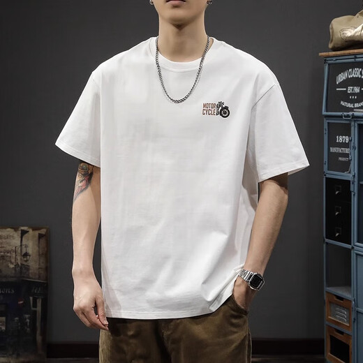 Catman (Miiow) Tendencia de la calle principal nueva camiseta de manga corta para hombres sueltos de algodón de algodón americano de verano de gran tamaño, cuello redondo de algodón de algodón pesado HST1518 White XL