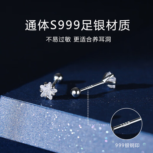 Dingjing 4 pairs pack 999 pure silver zircon earrings for women screw-buckle ear bone nails simple ear piercing birthday gift for girls to give to girlfriend and wife ear jewelry