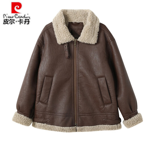 Pierre Cardin Haining Genuine Leather Jacket Women's Short 2025 New Plush Thickened Fur One-piece Sheepskin Jacket Autumn and Winter Brown M Recommended 120-130 Jin Jin equals 0.5 kg