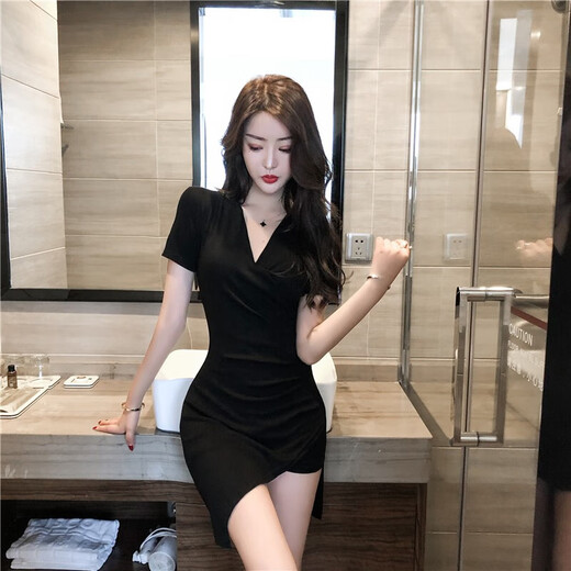 欲动夜场性感女装显瘦夜店性感连衣裙洗浴按摩短裙连衣裙技师工作服 黑色XL