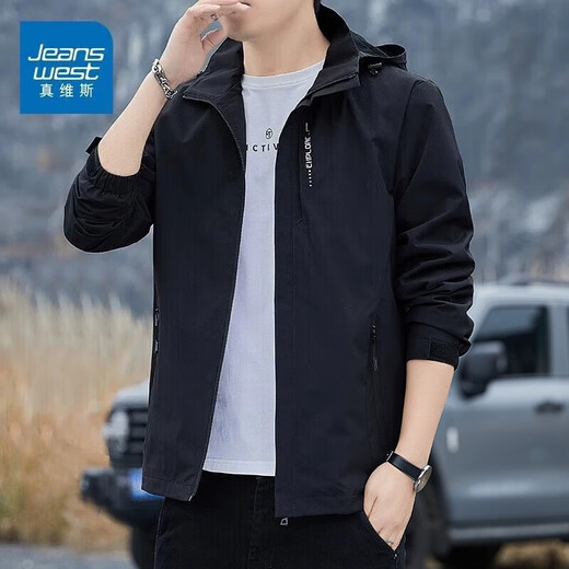 真维斯（Jeanswest）休闲夹克男春秋季新款2025冲锋衣时尚连帽夹克简约百搭外套男 6628黑色【春秋季】 L