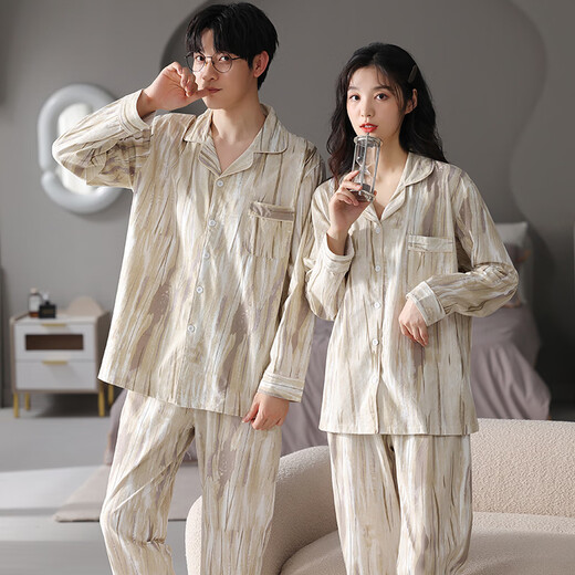 Modal couple pajamas for men and women in spring and autumn simple wood grain high-end long-sleeved trousers cardigan can be worn outside home clothes set