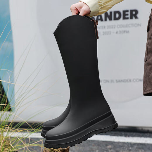 DG/du neue Regenstiefel für Frauen mit modischen hochrösten Regenstiefeln für Internet Celebrity plus Samt Langstuhlschuhe Nicht-Rutsch-Küchengummi-Schuhe Single Schuh-Schwarz (Standardgröße) 38 (Hinzufügen von Samtabdeckungen kann absendlich sein)