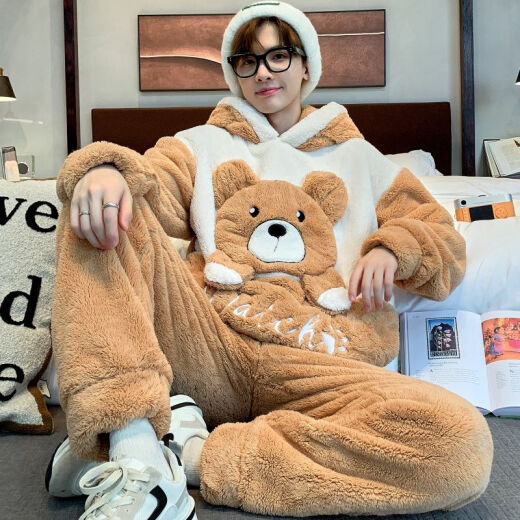 Simple direction men's pajamas autumn and winter coral velvet thickened flannel youth cartoon large-size winter home clothing set 3897 bear thin style 10XL small size m150cm/90Jin[Jin equals 0.5 kg]