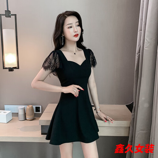 MEI'ANJIA NIGHT-CLUB Jupe courte en V Velles en V Low-Colly Robe épissage en dentelle sexy robe noire 708 de haute qualité / modèle de pure-pure