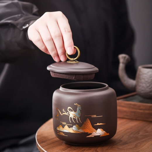 Bo Na Ling Tea Can Purple Clay Tea Storage Can White Tea Black Tea Pu'er Ceramic Sealed Can Moisture-proof and Mildew-proof Tea Can Yilu You You - Large 730ml