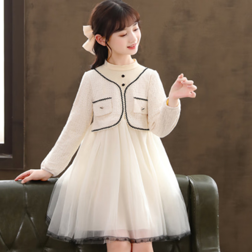 HUTUGOU Girls Dress Spring and Autumn New Children's Long-Sleeved Princess Dress Little Girl Fashionable Korean Style Puff Dress 0826 White Velvet 120 (Recommended Height 106-116)