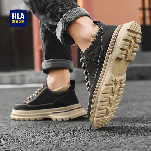 Hailan Home (HLA) Herrenschuhe Sommer 2025 Neue Freizeitschuhe Retro atmungsaktive Arbeitsschuhe erhöht Anti-Rutsch-Martin-Schuhe der Herren-Schwarzpuppe atmungsaktiv 42