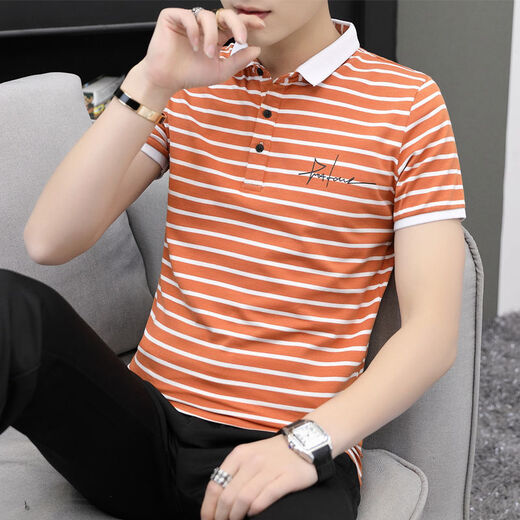 
NanYUQIU summer men's short-sleeved T-shirt striped Korean style trendy half-sleeved slim collared top clothes men's lapel 6636 brick red strips 2XL 135-150Jin [Jin equals 0.5 kg]
