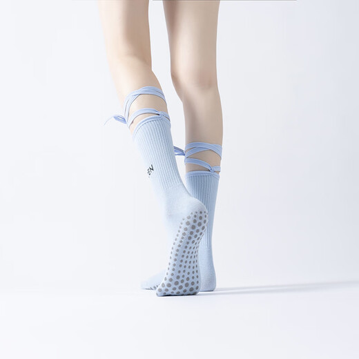 Huodiniao autumn and winter yoga socks professional anti-slip female adult Pilates socks straps long-tube fitness aerobics sports floor socks straps mid-tube anti-slip yoga socks-light blue