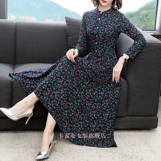 Ran Yilan's middle-aged woman wears a dress for 40 to 50 years old, long-sleeved middle-aged and old temperament, floral slim woman with a big knee, green 3883# M Recommended 100Jin [Jin equals 0.5 kg]