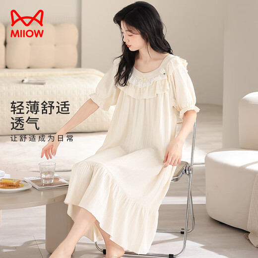 
Cat man [anti-mites and antibacterial pure cotton] women's pajamas nightgown women summer French sweet lace princess style beige L