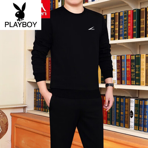 Playboy (PLAYBOY) men's casual sports fashion suit spring and autumn new pullover cotton sweatshirt round neck long-sleeved shirt 677 (black) XL (recommended 120-140 Jin Jin equals 0.5 kg)