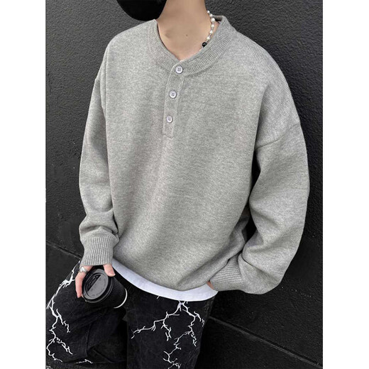 Katuchi American Henry collar sweater men's spring high-end lazy bottoming sweater cleanfit with warm long sleeves light gray L