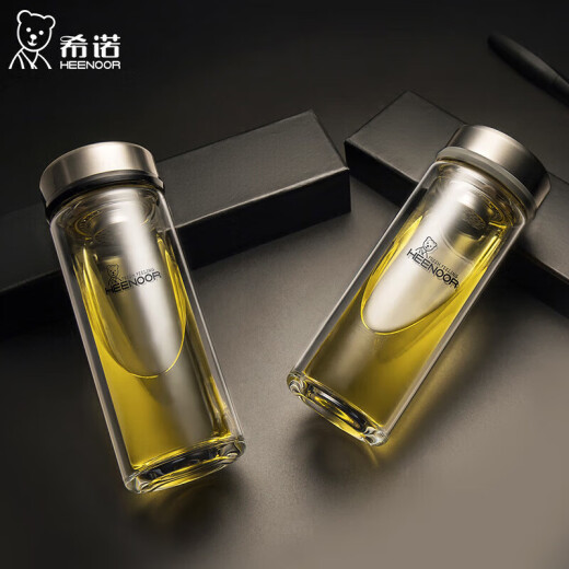 希诺（HEENOOR）玻璃杯双层加厚办公室商务透明隔热水杯便携家用男士泡茶杯 xn-9309黑色 375ml 0只