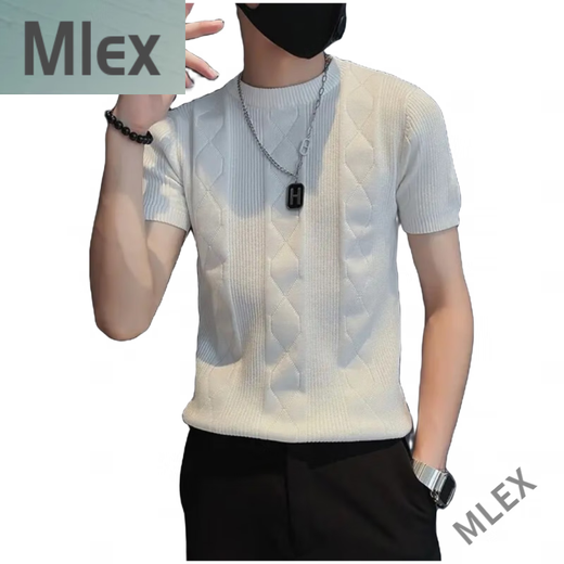 MLEX cool clothing individual store short-sleeved sweater men's slim knitted half-sleeved bottoming shirt round neck. T-shirt white (round neck) M (90-105Jin Jin equals 0.5 kg)