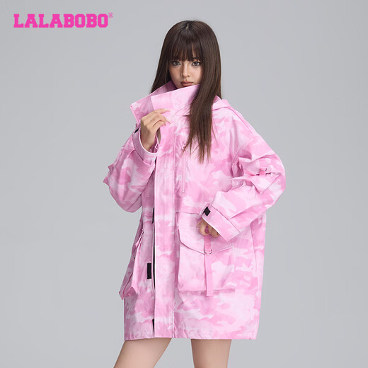 LALABOBO多巴胺迷彩中长风衣女秋季新款宽松轻户外工装外套LBDC-WSDW13 粉色 常规 S