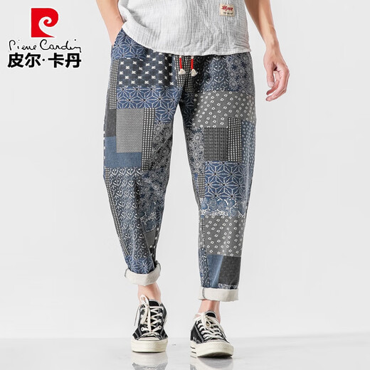 Pierre Cardin Linen Nine-Point Casual Pants Men's Autumn Thick Loose Cotton and Linen Pants National Fashion Cashew Flower Pants Thai Harem Pants Blue 2XL