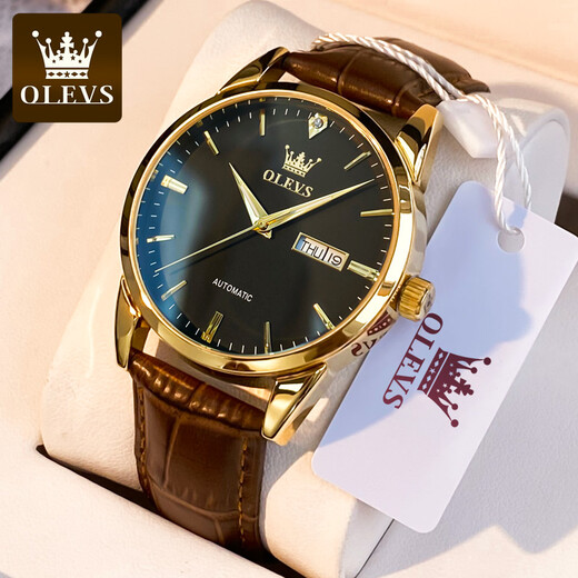 Olevs Swiss Certified Watch Männer Vollautomatische mechanische Uhr Herrenuhr wasserdichte leuchtende Doppelkalender Herrenuhr für Freund Olevs-6629 Men-Brown Leder Black Face