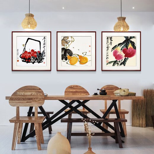 Zi Teng Suixuan Qi Baishi decorative painting new Chinese style living room background wall hanging painting bedroom dining room restaurant ink shrimp mural good luck 70*70cm mahogany color solid wood frame
