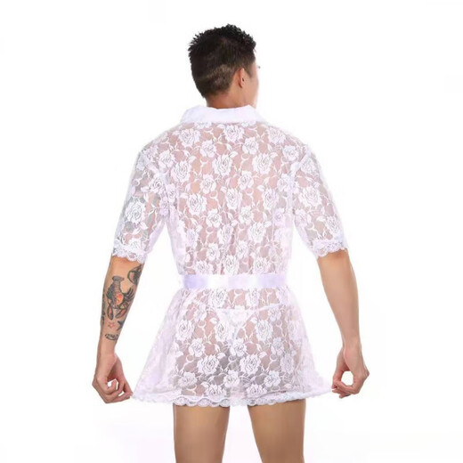 
Men's sex nightgown for men super sexy lace transparent thong bathrobe home clothes set perspective temptation white M