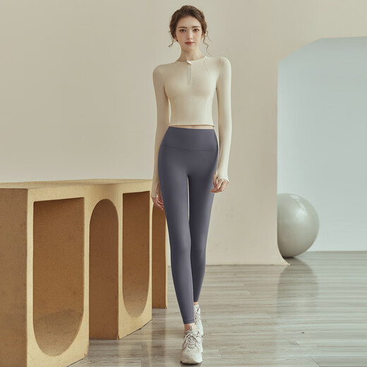 Youyou Yoga Wear Women's Suit Autumn and Winter New Pilates Training Top Slimming Fitness Sports Tight Long Sleeve Apricot Long Sleeve + Gray Purple Yoga Pants S