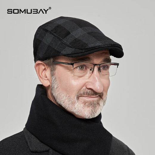 SOMUBAY middle-aged and elderly hats autumn and winter men's style plaid beret dad old man warm casual duck bill forward hat black one size (56-58cm) adjustable