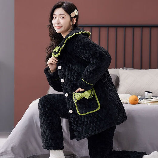 GTYUWVG湖南省省服女冬天珊瑚绒加厚加绒三层夹棉袄法兰绒秋冬季大码家居 hl6636蓝色-中长.款 M  推荐80-100斤
