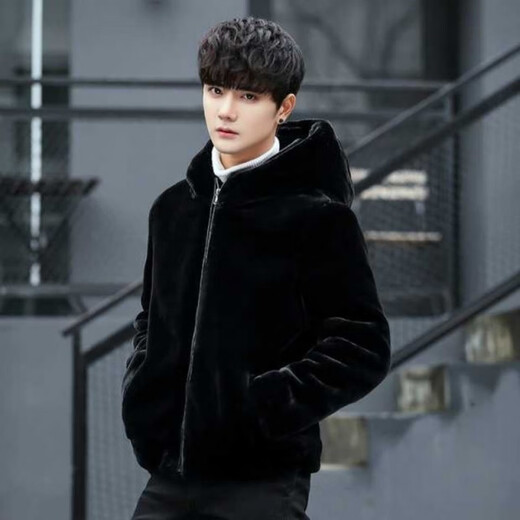Manxinan new mink coat men's imitation mink hair Haining winter leather coat mink fur short hooded coat black lapel plus cotton 5XL recommended 180 to 200Jin Jin equals 0.5 kg