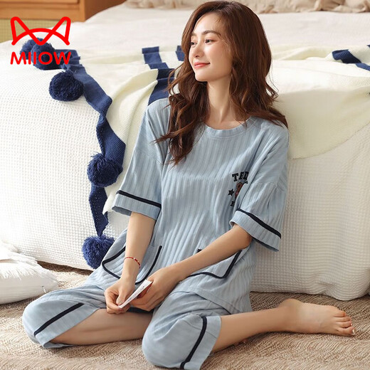 Cat Man (Miiow) 100 reines Baumwoll-Pyjama für Frauen im Sommer kurzärmeligte Hosen Fett MM Plus Size 200 Jin [Jin entspricht 0,5 kg] Lose Cartoon Outdoor-Kleidung 9923 L 100-120 Jin [Jin gleich 0,5 kg]