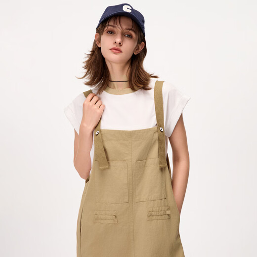 BASICHOUSE/Baijiahao age-reducing short-sleeved T-shirt work overalls suspender skirt 2024 summer dress two-piece set Khaki L