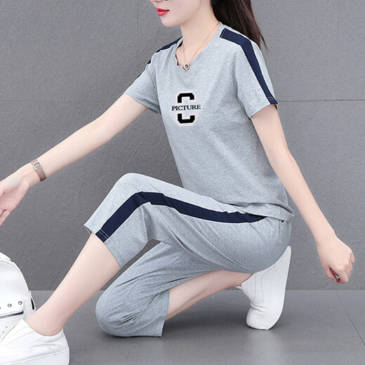 NY-EMMA运动套装女短袖夏季薄款高档洋气减龄棉质休闲时尚跑步服两件套 687蓝色（七分裤套装） M(建议80-95斤)
