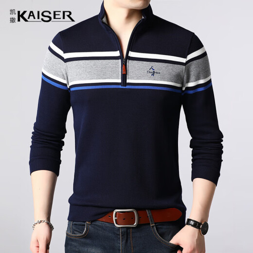 Camiseta César Camiseta de manga larga Soporte de cremallera a rayas Hombres Casco Casual y de mediana edad KS9226 Deep Blue 185/100a