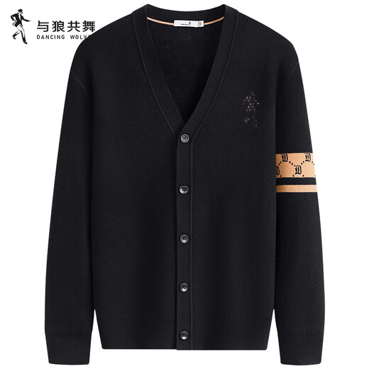 Dances with Wolves Velvet and Thickened Cardigan Wool Jacket Men's 2025 Autumn and Winter New Warm V-neck Sweater Jacket 2042 Black 001 L (175)