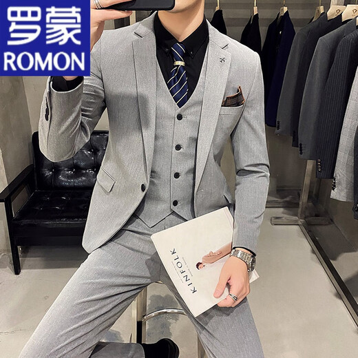 罗蒙（ROMON）痞帅西装男套装高级感修身新郎结婚礼服正装休闲小个子西服外套 黑色西装+裤子+白衬衫 M
