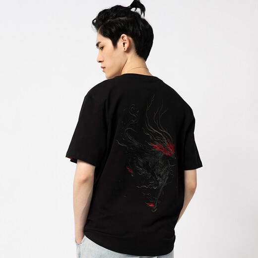 天龙致尊（Denon supreme）短袖刺绣t恤男女潮牌夏季中国风蝴蝶梅花宽松潮流情侣装国潮T恤衫 T723黑色 XL码（建议136-155斤）