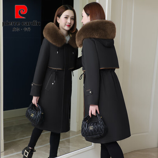 Pierre Cardin Haining Parker Coat Women's 2025 Winter New Rex Rabbit Fur Liner High-End Fur Jacket Mid-Length Mother's Style Black Brown Fur Collar 2XL 135-145Jin Jin is equal to 0.5 kg