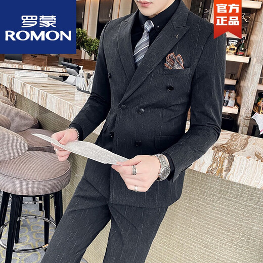 ROMON spring suit men's Korean style casual small suit men's double-breasted British style handsome trendy slim jacket medium gray double-breasted (suit + vest + pants XL (52)