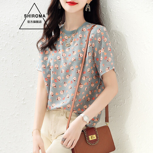 SHIROMA Summer T-shirt Women's Round Neck Printed Short Summer Wear New Year's New Floral Style Top Small Shirt Trendy Blue XL
