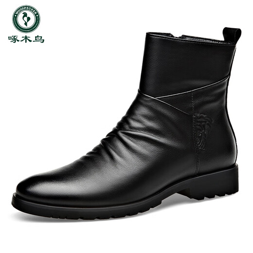 Holzspecker Chelsea -Stiefel Männer echtes Leder Low Top Retro weiche Lederseite Reißverschluss Britisch -Top Short Stiefel und Fleece Martin Boots Herren Schwarz -1 Single Schuh Flachferse 38 240