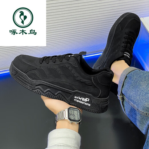 Woodpecker Men's Shoes 2025 Spring and Autumn New Casual Sports Shoes Low-top Breathable Thick Soles Increased Outdoor Work Wear-Resistant Little Black Shoes Black Warrior Genuine* Counter Same Style 42