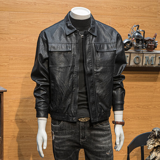 JAGR trendy brand leather jacket men's motorcycle casual top light business men's wear trendy men's leather jacket black L