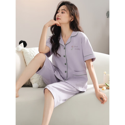安梦影2025新款睡衣女士夏季棉短袖开衫七分裤加大码可外穿家居服套装 xf-9893 均码 m
