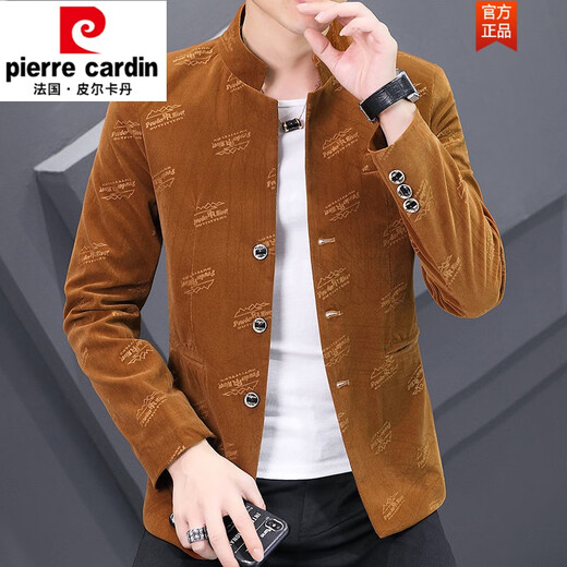 Pierre Cardin gold velvet tunic suit spring and autumn casual stand collar jacket men's suit Korean version slim youth solid color suit 1888 velvet thickened royal blue 2XL