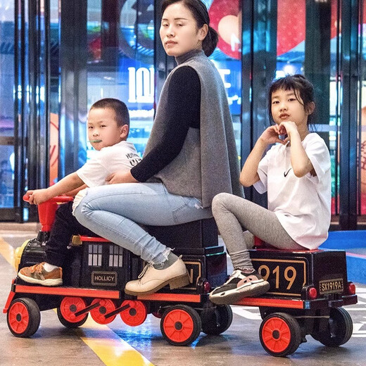 Haolaixi little train baby electric car four-wheel male and female baby can sit on the stroller children's toy cartoon rechargeable car four-wheel drive black and red + 1 car remote control + 2 sets of 12V10 large batteries + early education
