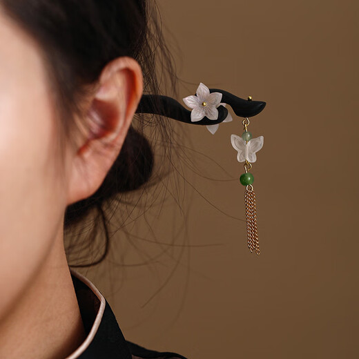 Su Shiliu's new Chinese style hairpin for women, black sandalwood, ancient style Hanfu hairpin, rocking plate hairpin, wooden hairpin for girlfriend New Year's birthday gift, double-sided flower, butterfly tassel hairpin