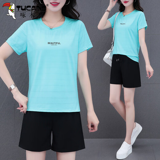 啄木鸟（TUCANO）中年女装夏装休闲运动服套装女士2025冰丝薄款时尚女装经典款式 9711紫色(印花款)【五分裤套装】 M (80-95斤)