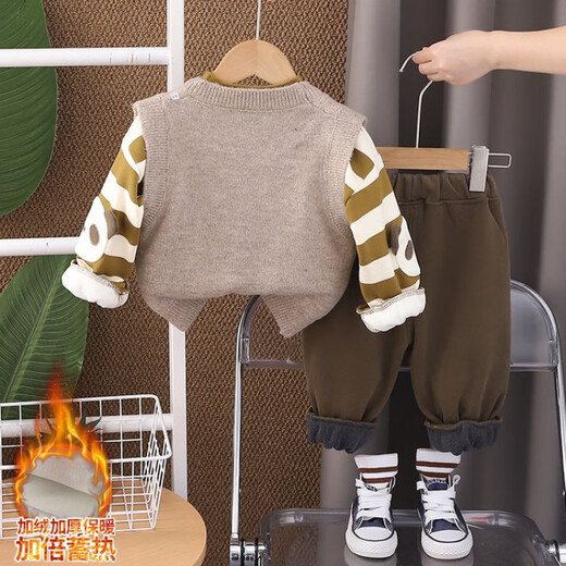 Disney Children's's Clothing Boys's's Garçons Automne et hiver Vêtements d'hiver pour enfants Des vêtements de bébé d'un an plus en velours épaissis de style collégial à trois pièces Boy Beige Rabbit Head Sweater trois pièces 100 tailles 2 à 3 ans [90-100cm]