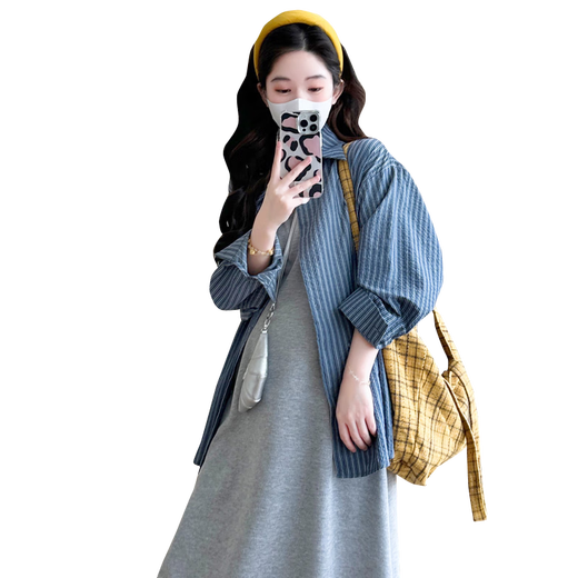 苒琦妈咪孕妇连衣裙2025新款春季时尚宽松纯棉背心裙两件套春秋款孕妇裙子 条纹衬衫+灰色背心（两件套） 2XL